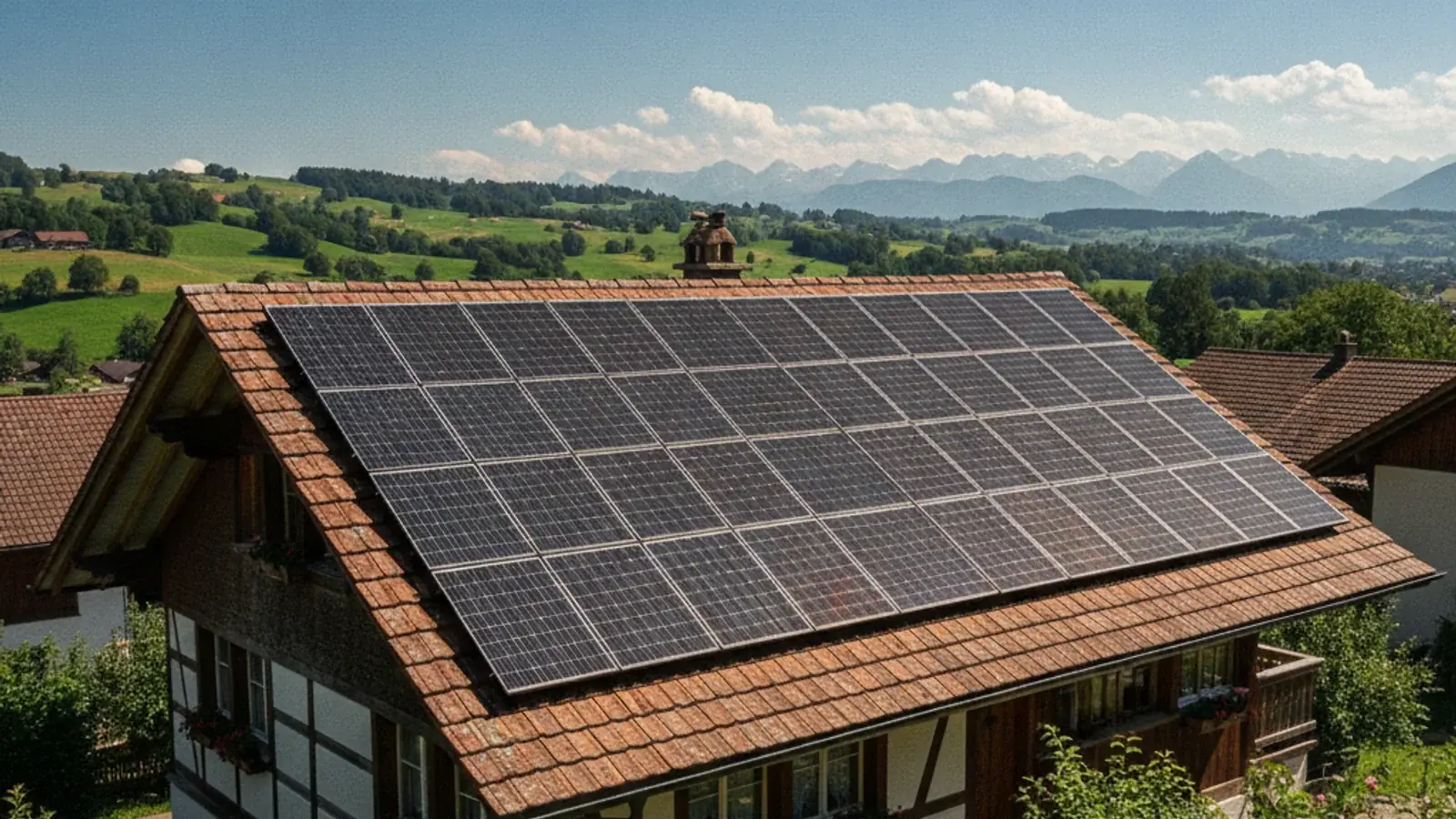 Moderne Photovoltaik-Anlage auf einem Schweizer Einfamilienhaus